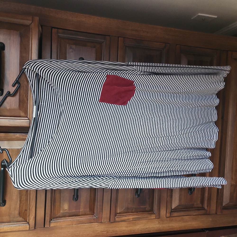 Lovely Melody - Longsleeved black & white striped blouse with red suede